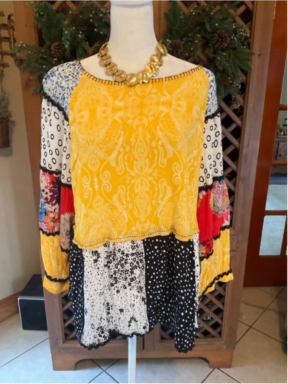 John Mark Mixed Print Boho Tunic Top Plus Size 1X Yellow Patchwork Blouse